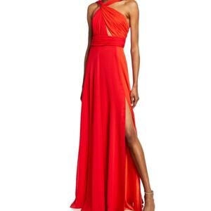Jill Jill Stuart Two-Tone Red Orange Colorblock Twist Halter Gown Thigh Slit
